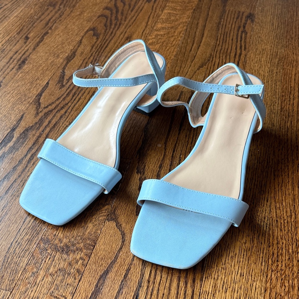 B33 Chic Light Blue Women's Buckle Block Heel Sandals